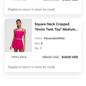 EUC lululemon square-neck dropped tennis tank top in passionate (hot pink) sz 6
